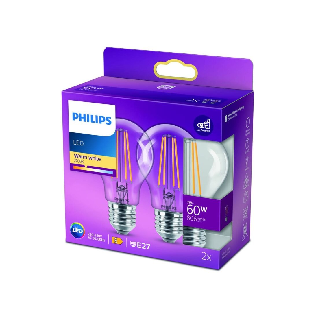 Philips Žárovka LED E27 7W 2 700K s čirým vláknem