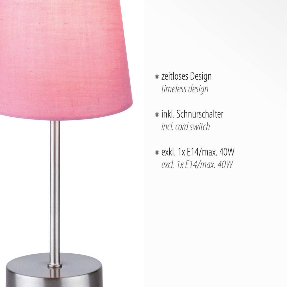 JUST LIGHT. Stolní lampa Heinrich s růžovým látkovým stínidlem